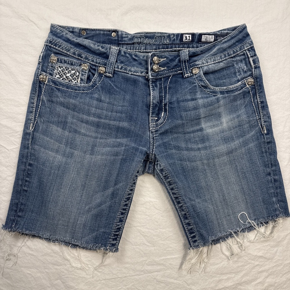 Miss Me JEAN SHORTS WOMEN 31 CUTOFFS  EMBELISHED SEQUINS RHINESTONES - Picture 2 of 7